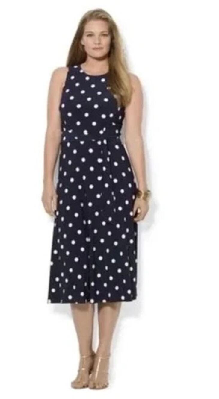 Ralph Lauren Navy Polka Dot Dress with Sash Belt